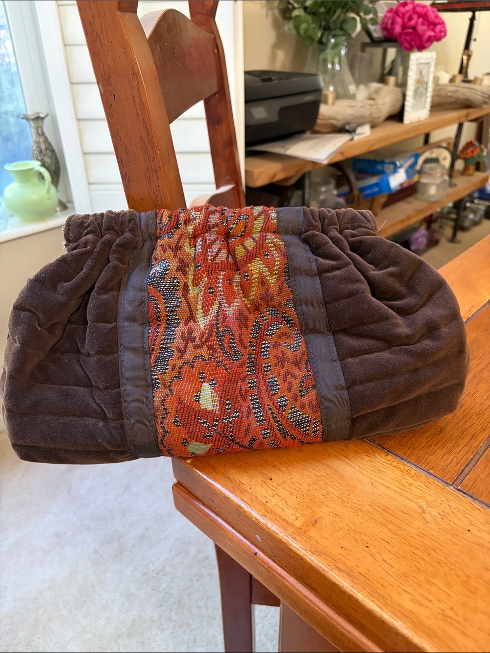 Brown Quilted Clutch with Burnt Orange Pattern Panel